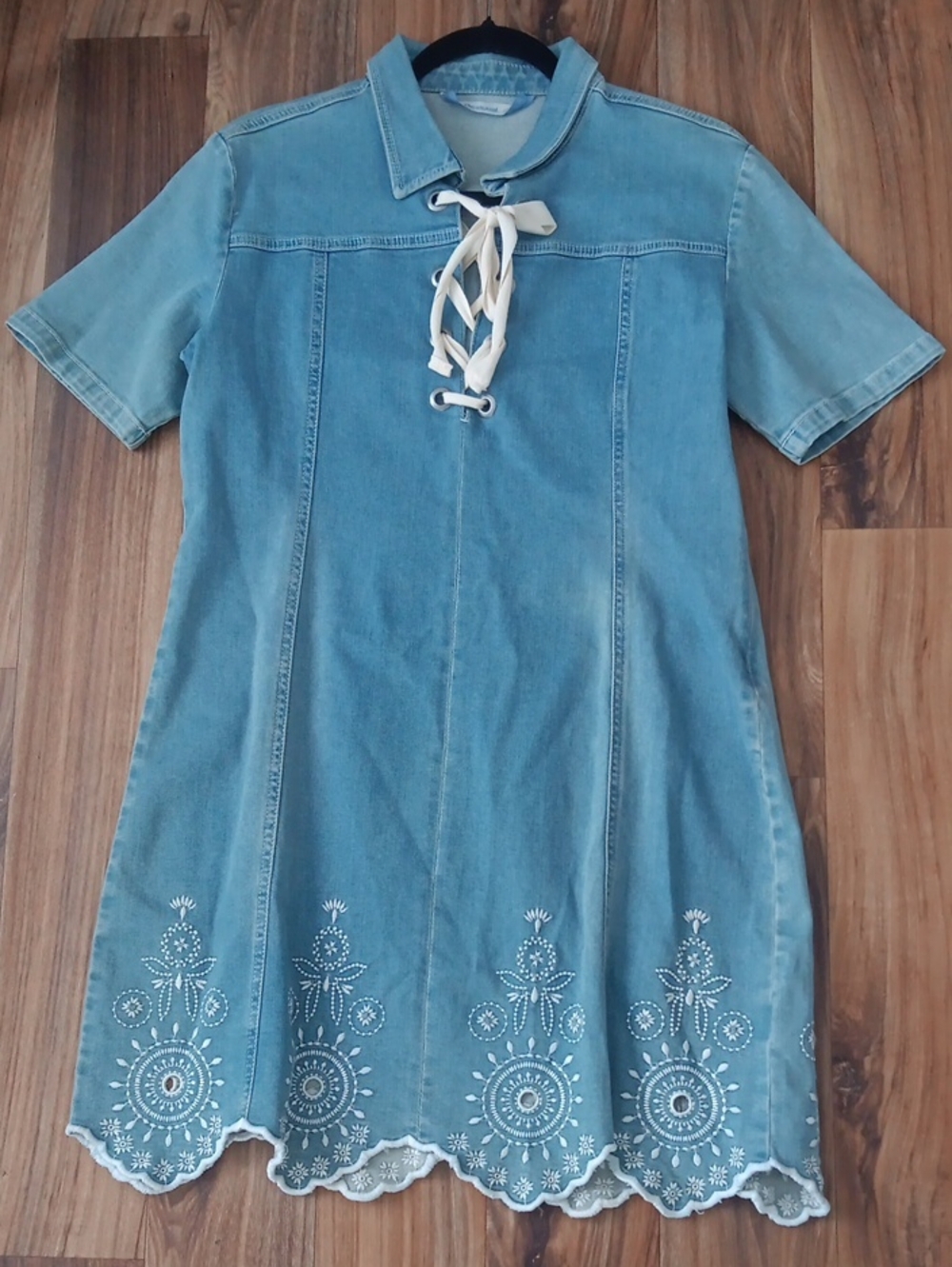 Desigual Denim Lace Up Embroidered Floral Scallop Hem Dress #3795
